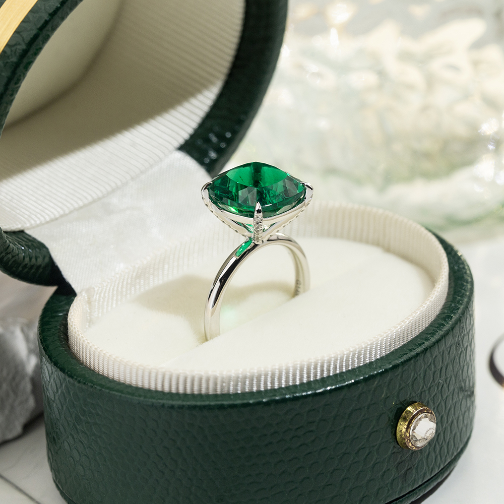 Cushion Cut Lab Grown Emerald 11CT Solitaire 18K White Gold Ring MSR-1672