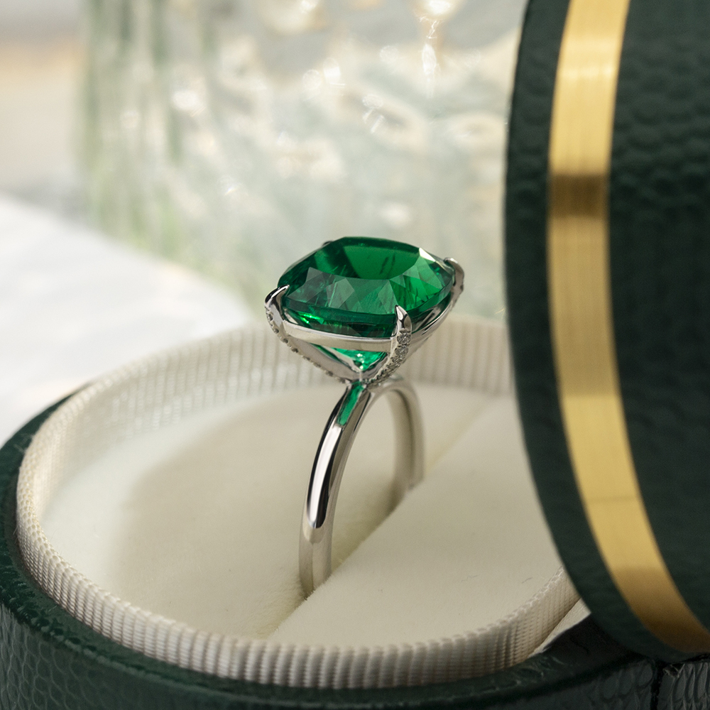 Cushion Cut Lab Grown Emerald 11CT Solitaire 18K White Gold Ring MSR-1672