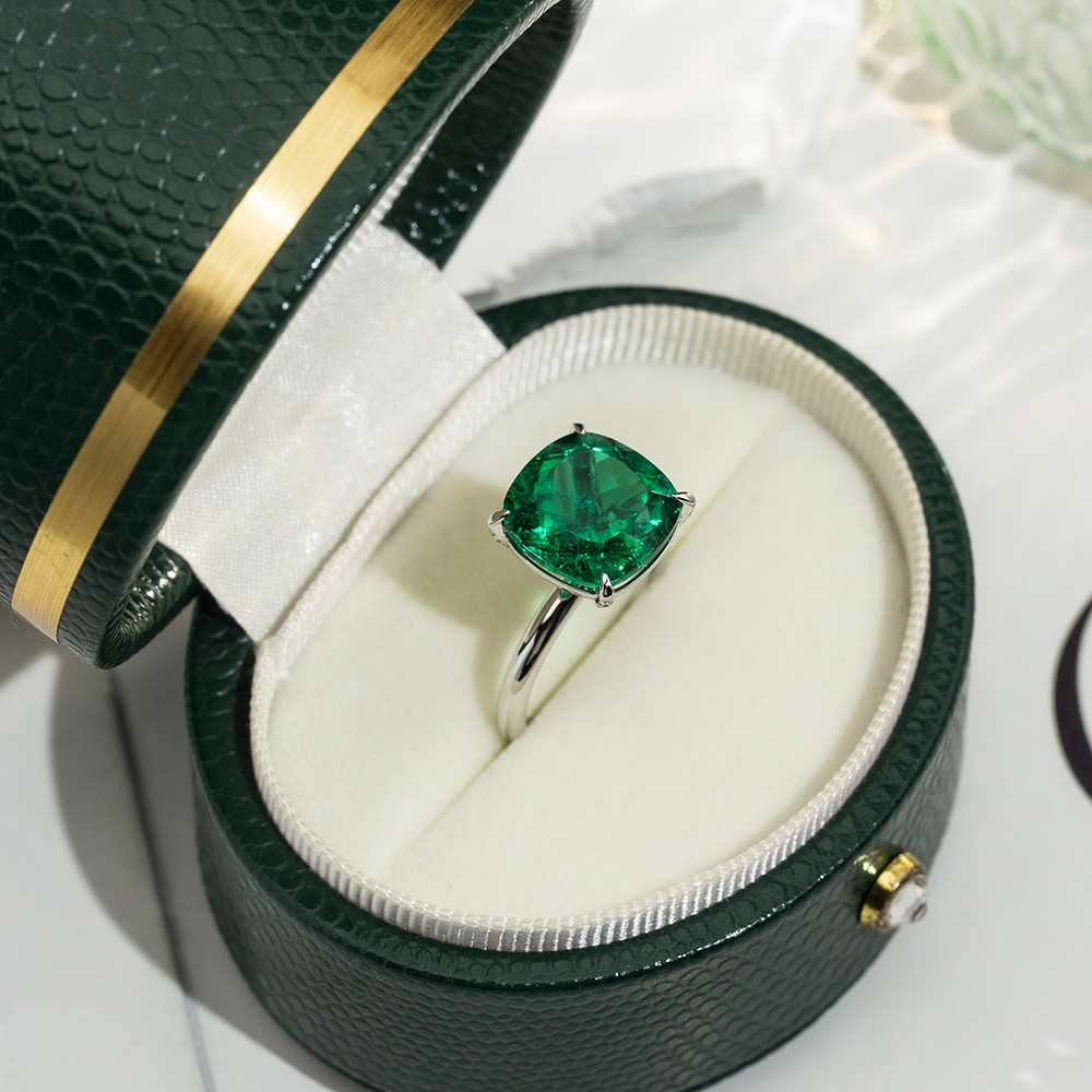 Cushion Cut Lab Grown Emerald 11CT Solitaire 18K White Gold Ring MSR-1672