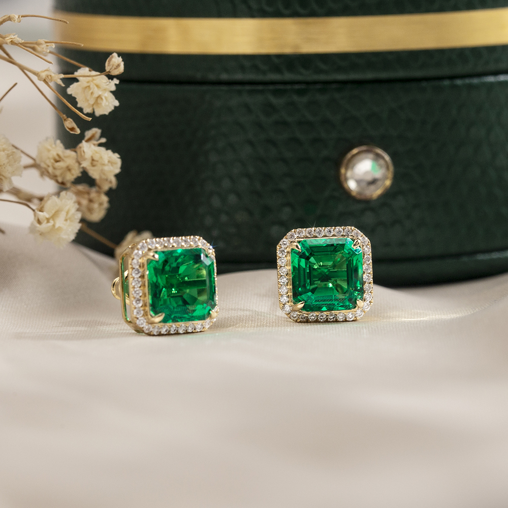 Asscher Shape Lab Emerald 18K Gold Earrings MSE-774