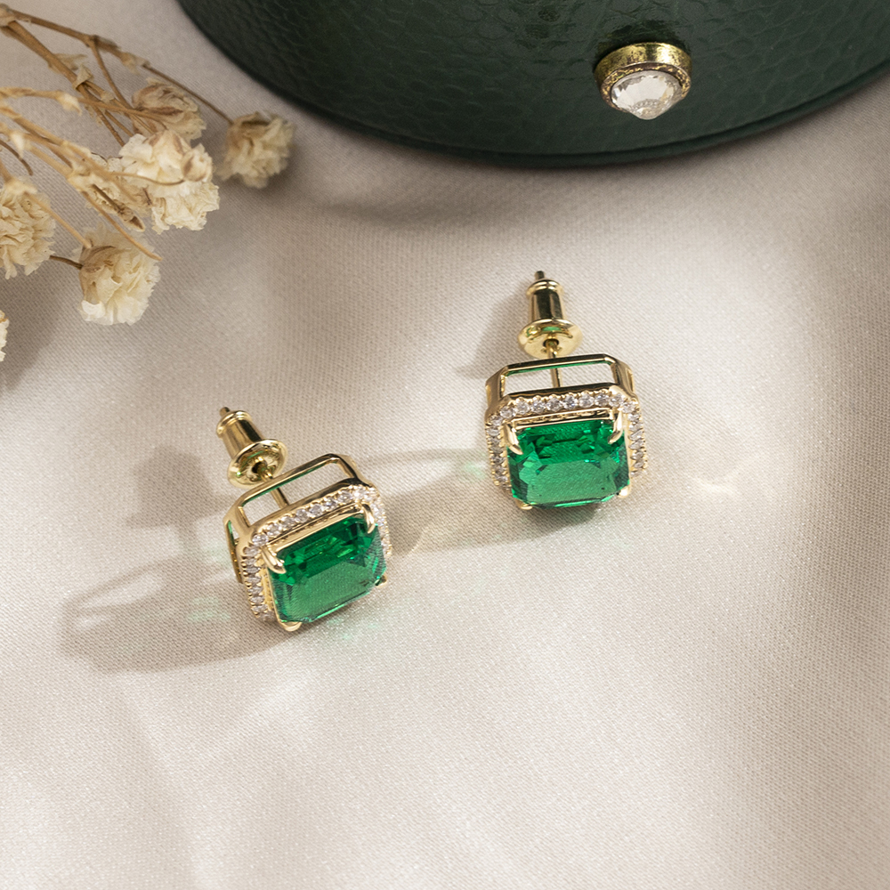 Asscher Shape Lab Emerald 18K Gold Earrings MSE-774