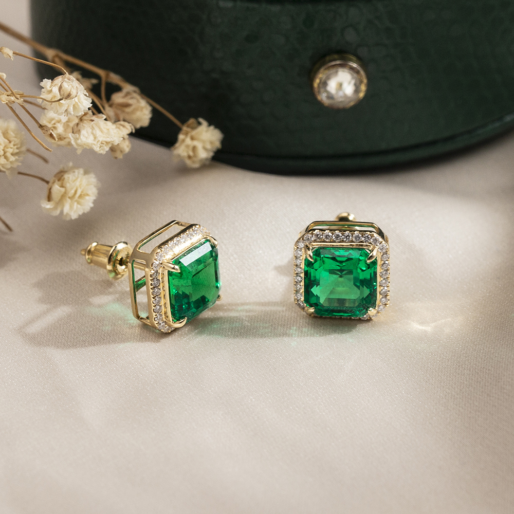 Asscher Shape Lab Emerald 18K Gold Earrings MSE-774