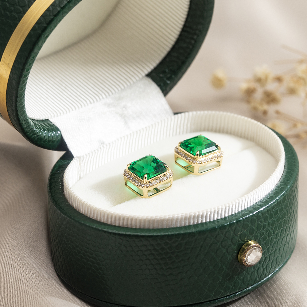 Asscher Shape Lab Emerald 18K Gold Earrings MSE-774