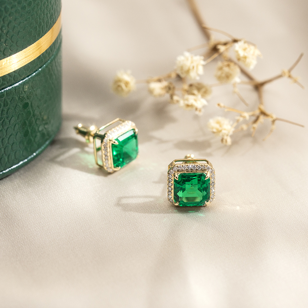 Asscher Shape Lab Emerald 18K Gold Earrings MSE-774
