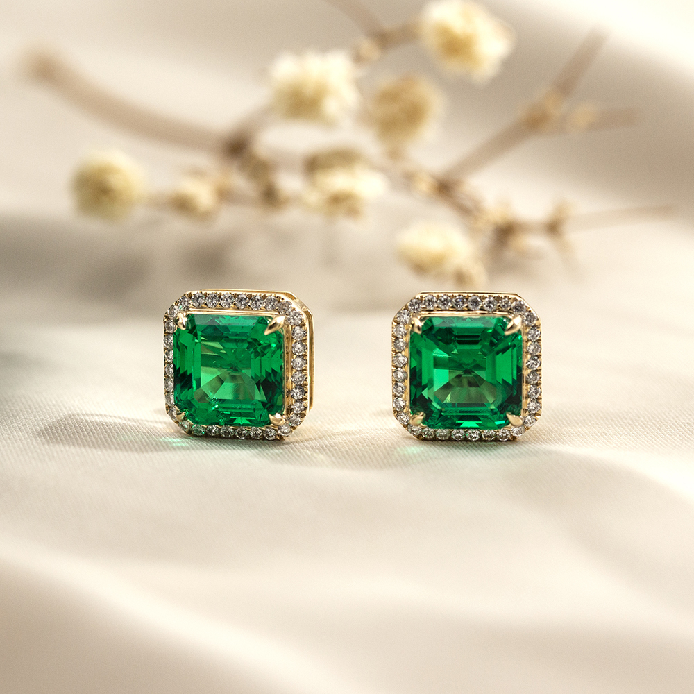 Asscher Shape Lab Emerald 18K Gold Earrings MSE-774