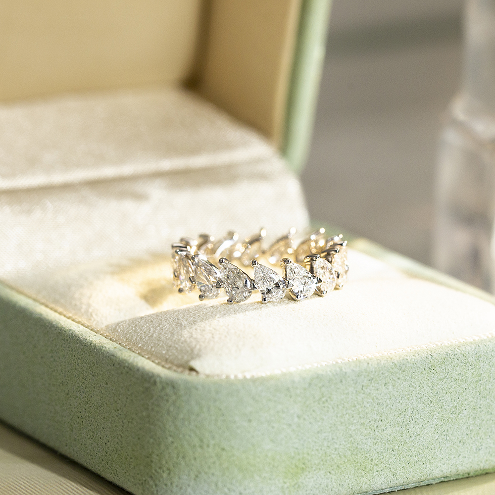 Pear Cut Lab Grown Diamond Eternity D VVS 18K White Gold Ring MSR-1674