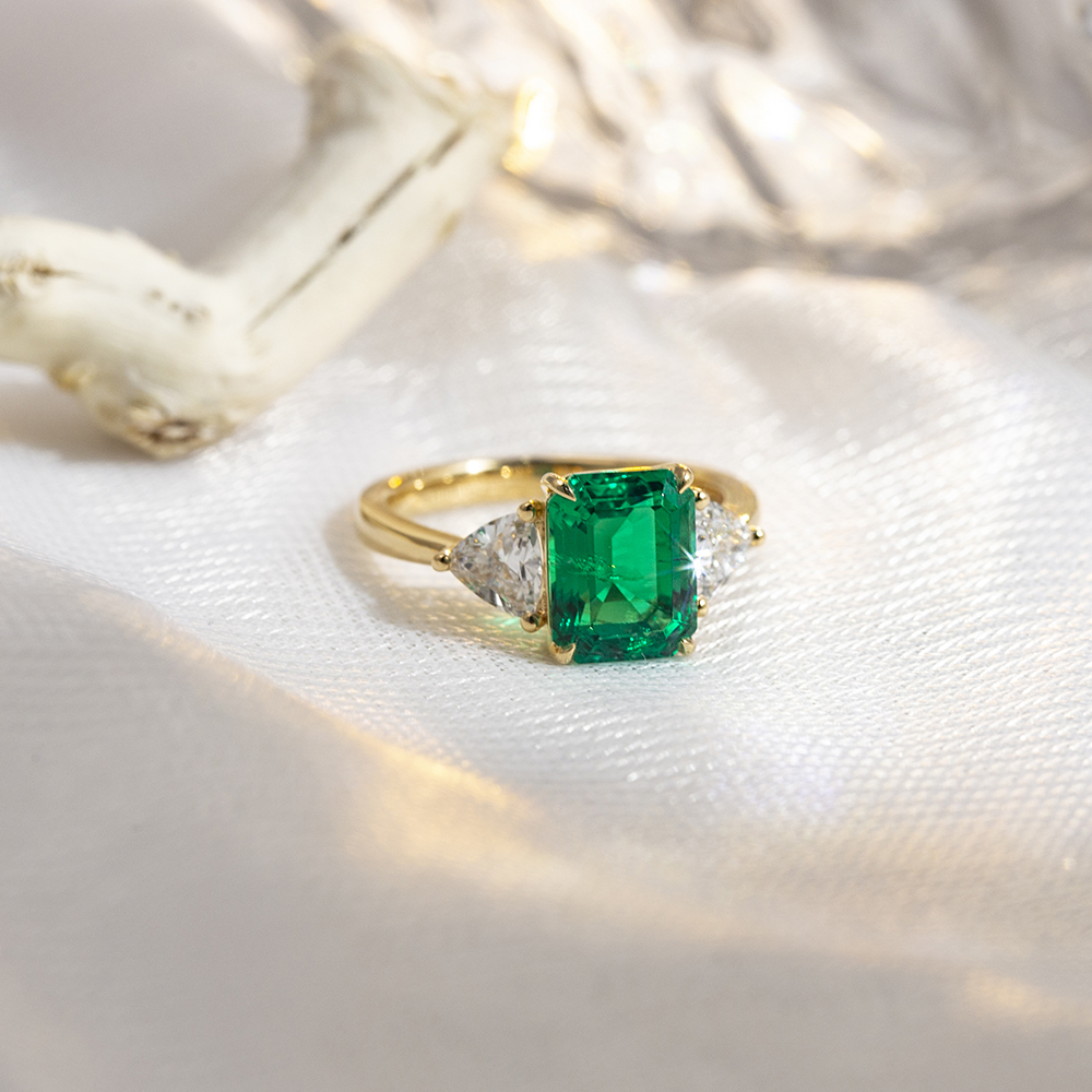 Emerald Cut Lab Grown Emerald 3CT Three stone 18K White Gold Ring MSR-1157