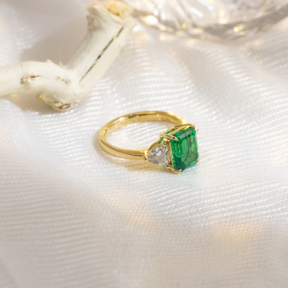 Emerald Cut Lab Grown Emerald 3CT Three stone 18K White Gold Ring MSR-1157