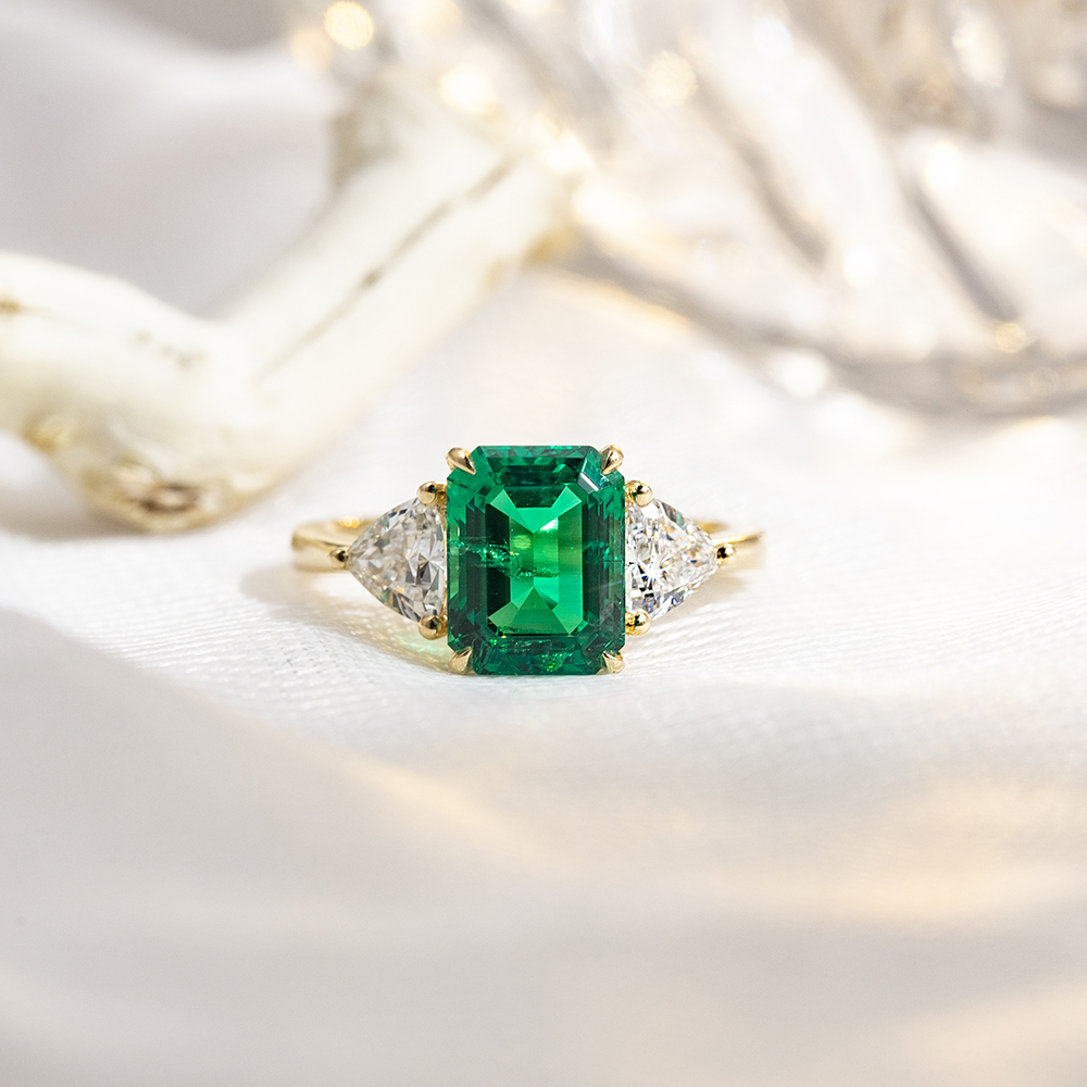 Emerald Cut Lab Grown Emerald 3CT Three stone 18K White Gold Ring MSR-1157