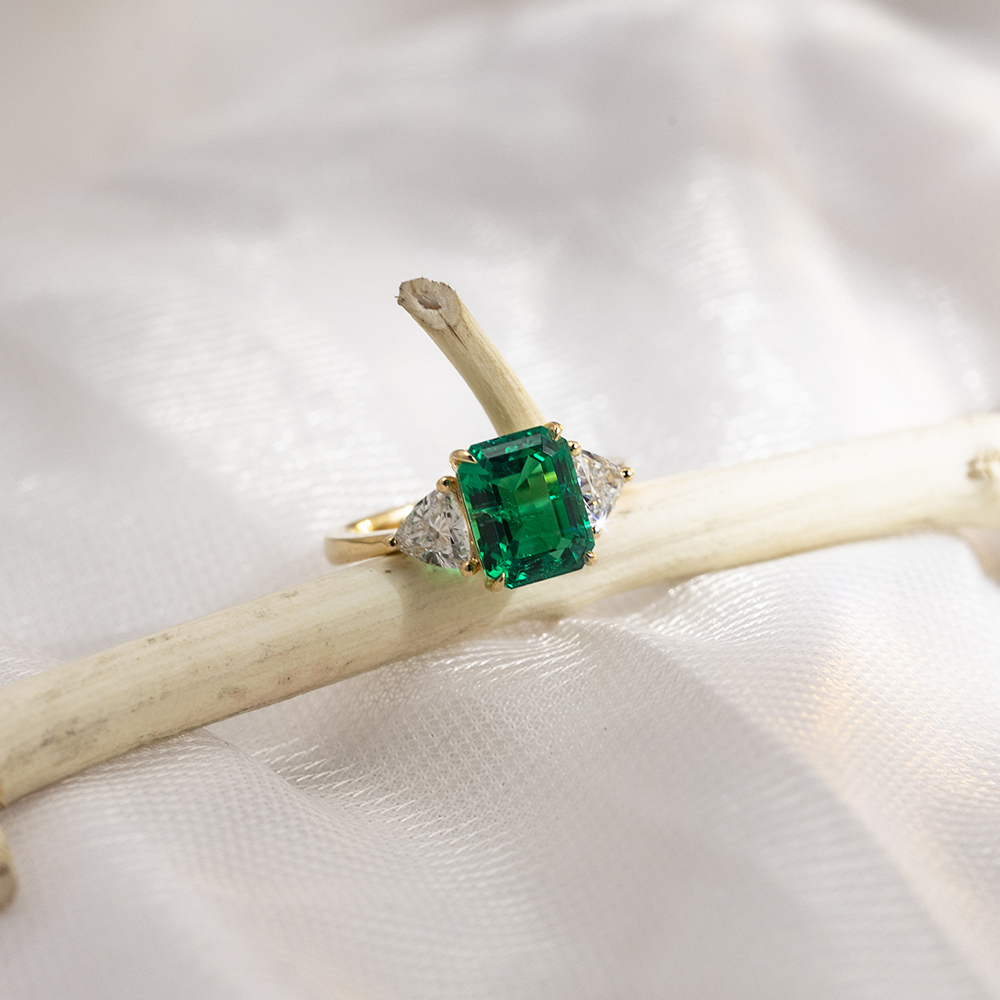 Emerald Cut Lab Grown Emerald 3CT Three stone 18K White Gold Ring MSR-1157