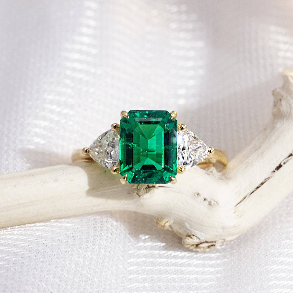 Emerald Cut Lab Grown Emerald 3CT Three stone 18K White Gold Ring MSR-1157