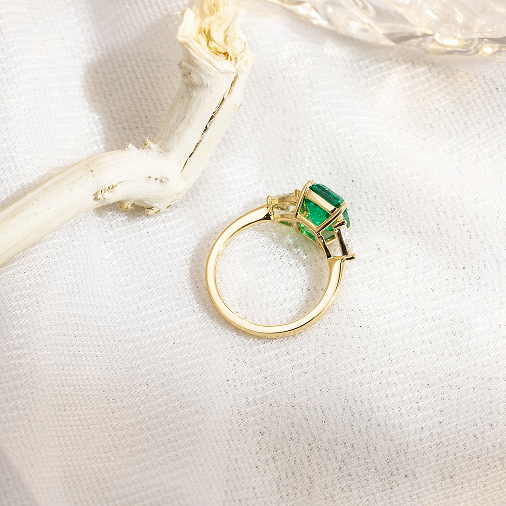 Emerald Cut Lab Grown Emerald 3CT Three stone 18K White Gold Ring MSR-1157