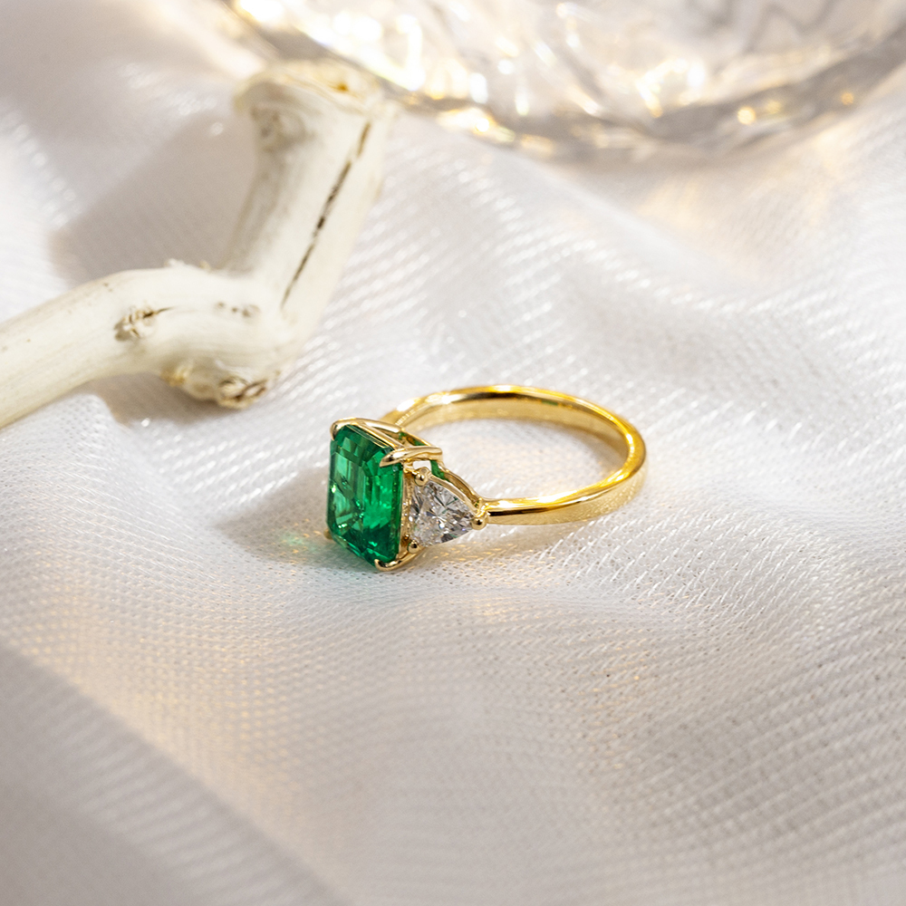Emerald Cut Lab Grown Emerald 3CT Three stone 18K White Gold Ring MSR-1157