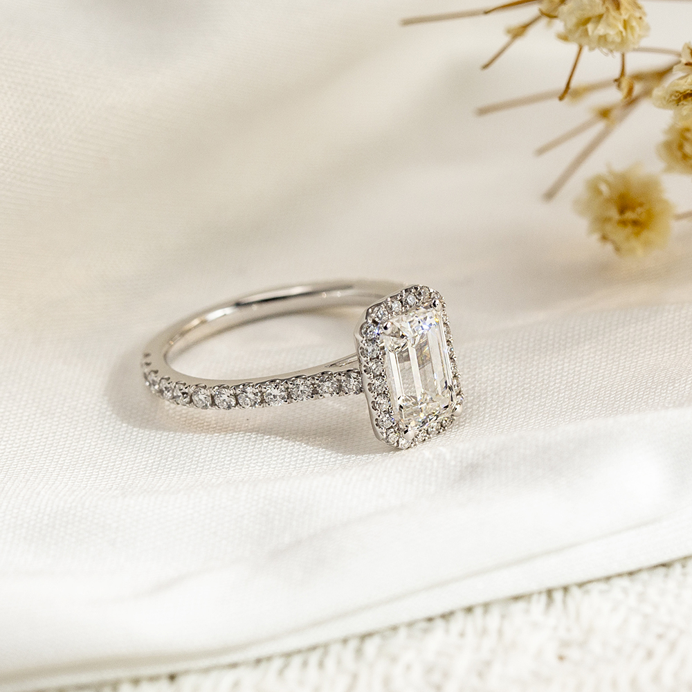 Emerald Cut Lab Grown Diamond 2CT Halo D VS1 18K White Gold Ring MSR-1478