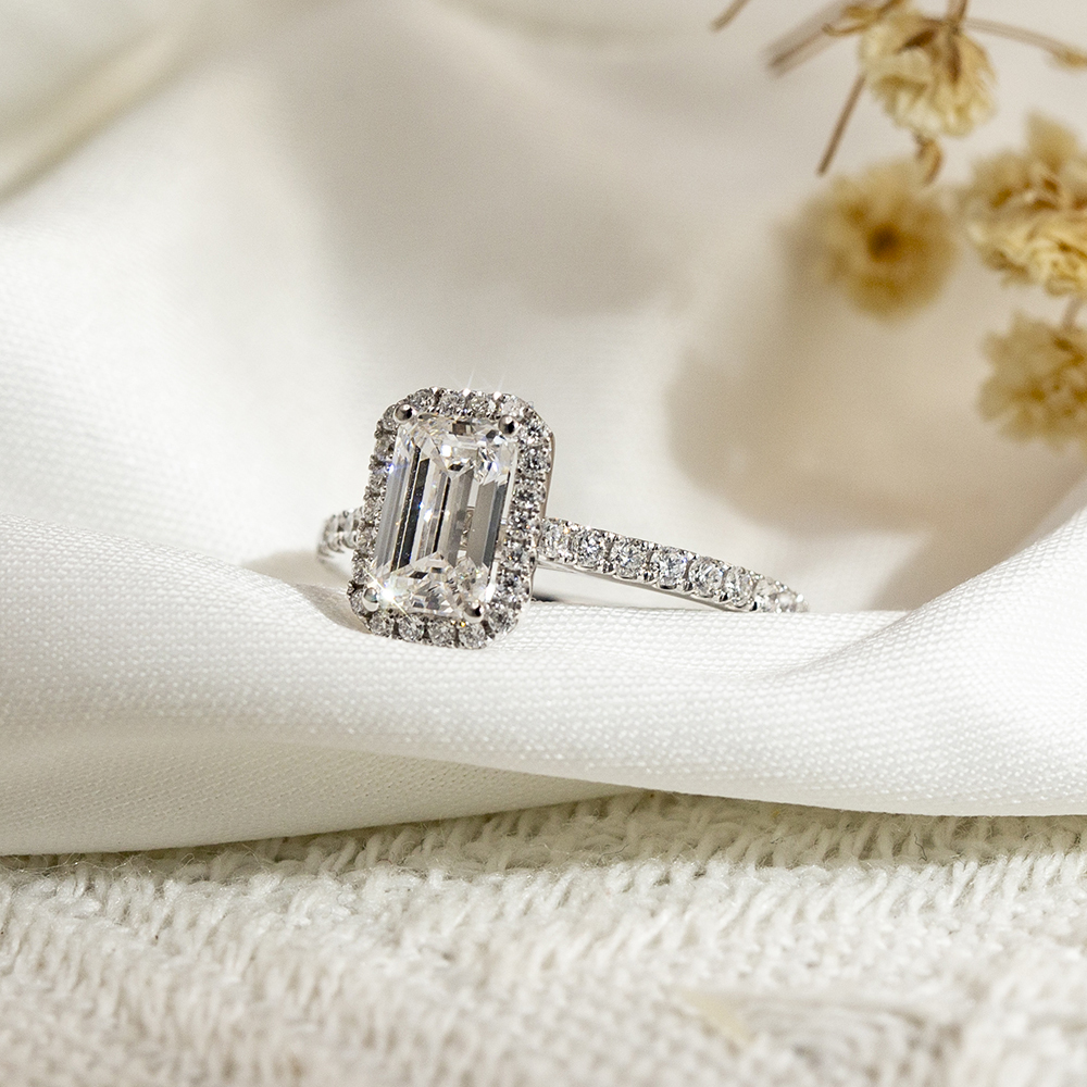 Emerald Cut Lab Grown Diamond 2CT Halo D VS1 18K White Gold Ring MSR-1478
