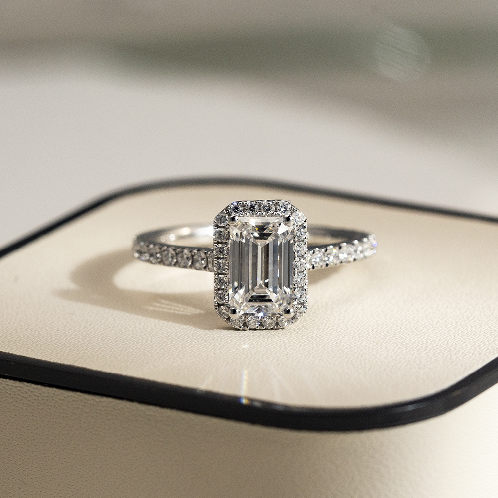 Emerald Cut Lab Grown Diamond 2CT Halo D VS1 18K White Gold Ring MSR-1478