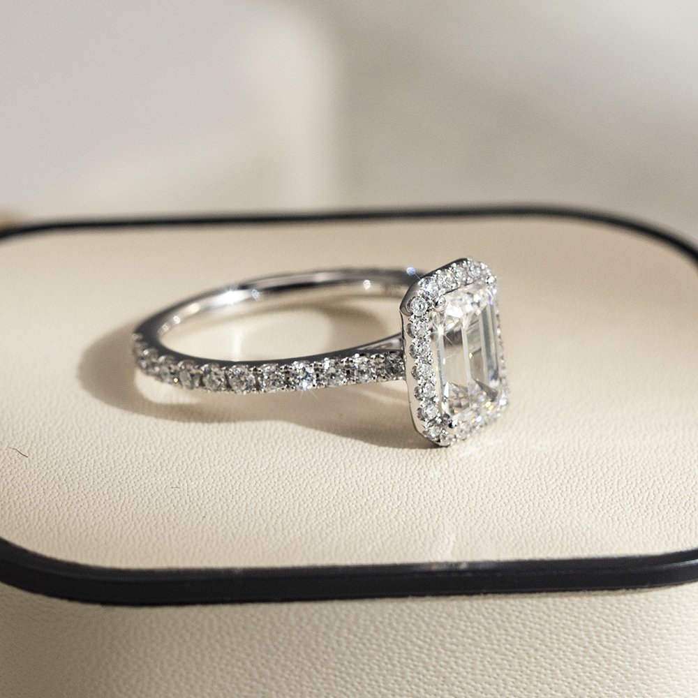 Emerald Cut Lab Grown Diamond 2CT Halo D VS1 18K White Gold Ring MSR-1478