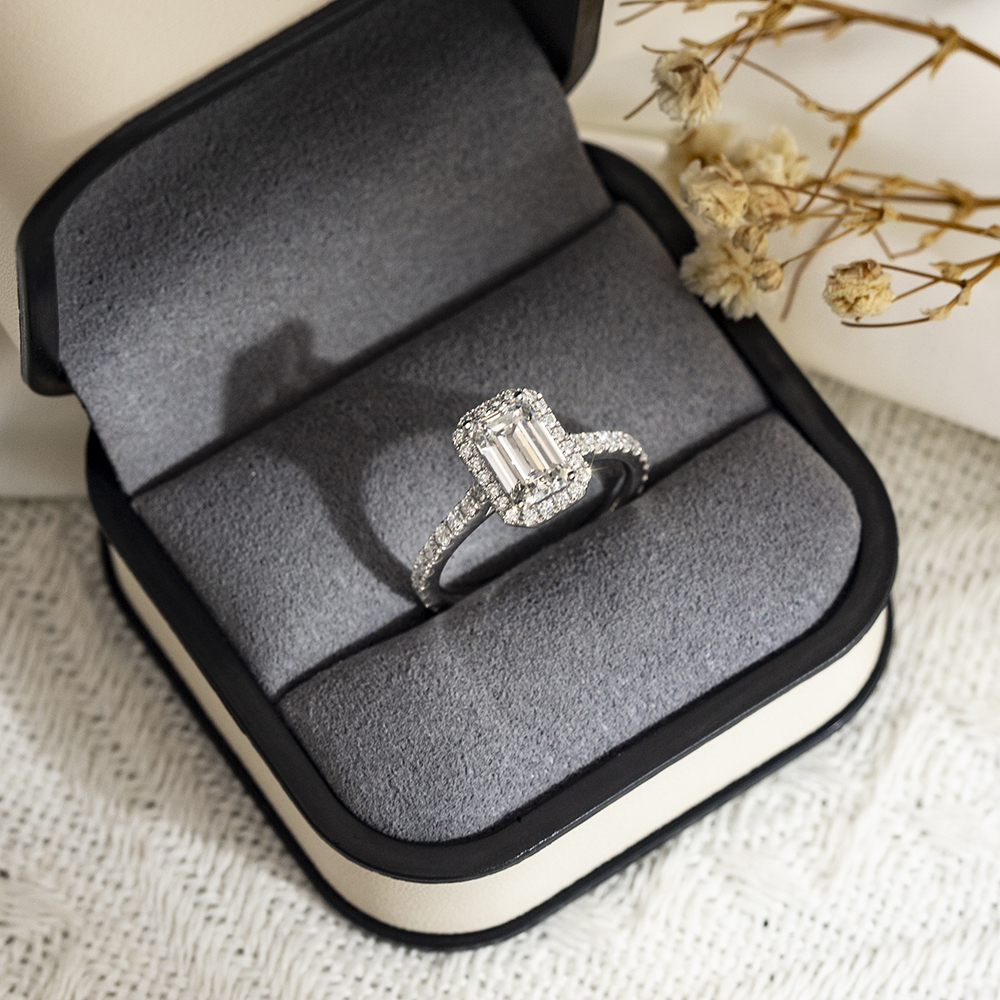 Emerald Cut Lab Grown Diamond 2CT Halo D VS1 18K White Gold Ring MSR-1478