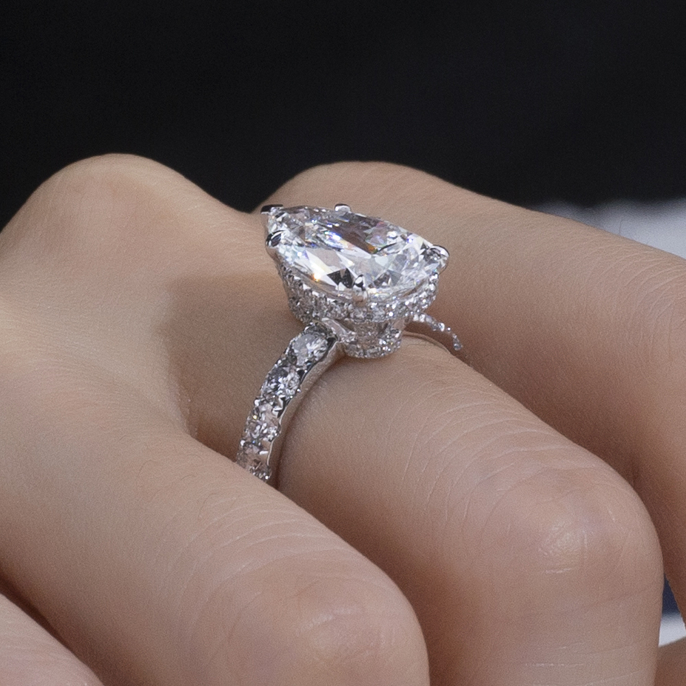 MissDiamond Pear Lab Grown Diamond 4.06CT E VVS2 Accented Solitatire 18K White Gold Ring MSR-1991