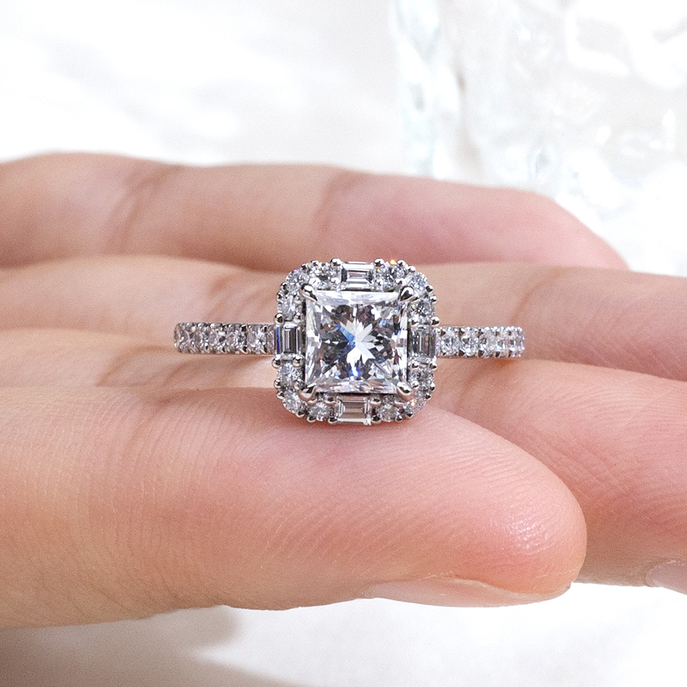 MissDiamond Princess Cut Lab Grown Diamond 1.037CT D VVS2 Platinum Halo Ring MSR-1996