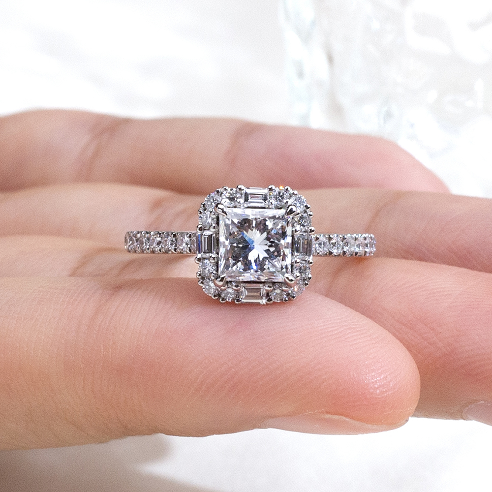 MissDiamond Princess Cut Lab Grown Diamond 1.037CT D VVS2 Platinum Halo Ring MSR-1996