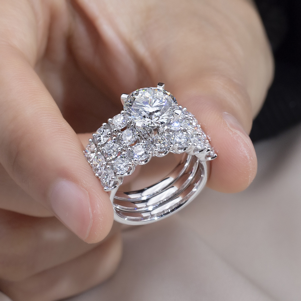 MissDiamond Round Cut Lab Grown Diamond 3CT Solitaire D VVS1 18K Gold Ring Set MSR-1779