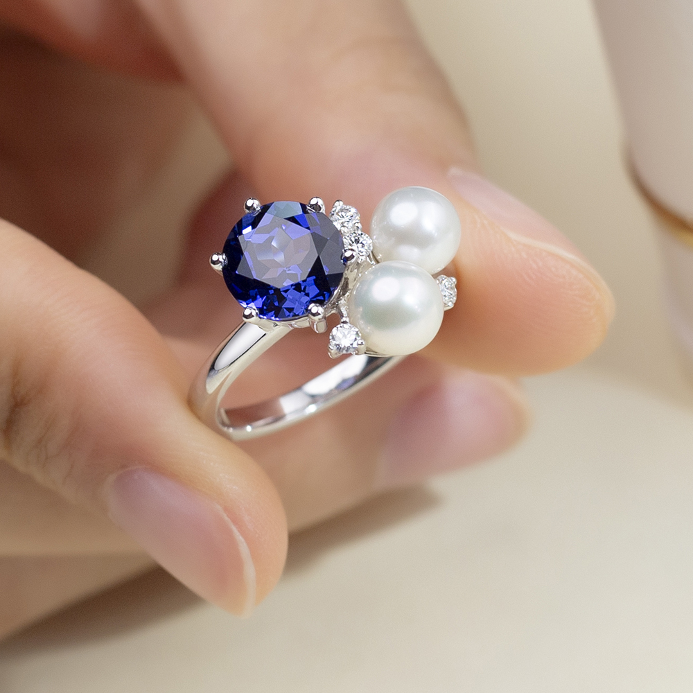 Round Cut Blue Lab Grown Sapphire 2.5CT Three stone 18K White Gold Ring MSR-1640