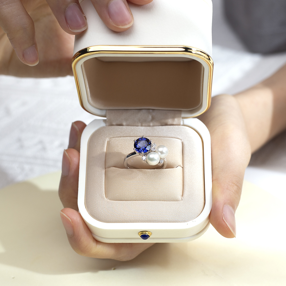 Round Cut Blue Lab Grown Sapphire 2.5CT Three stone 18K White Gold Ring MSR-1640