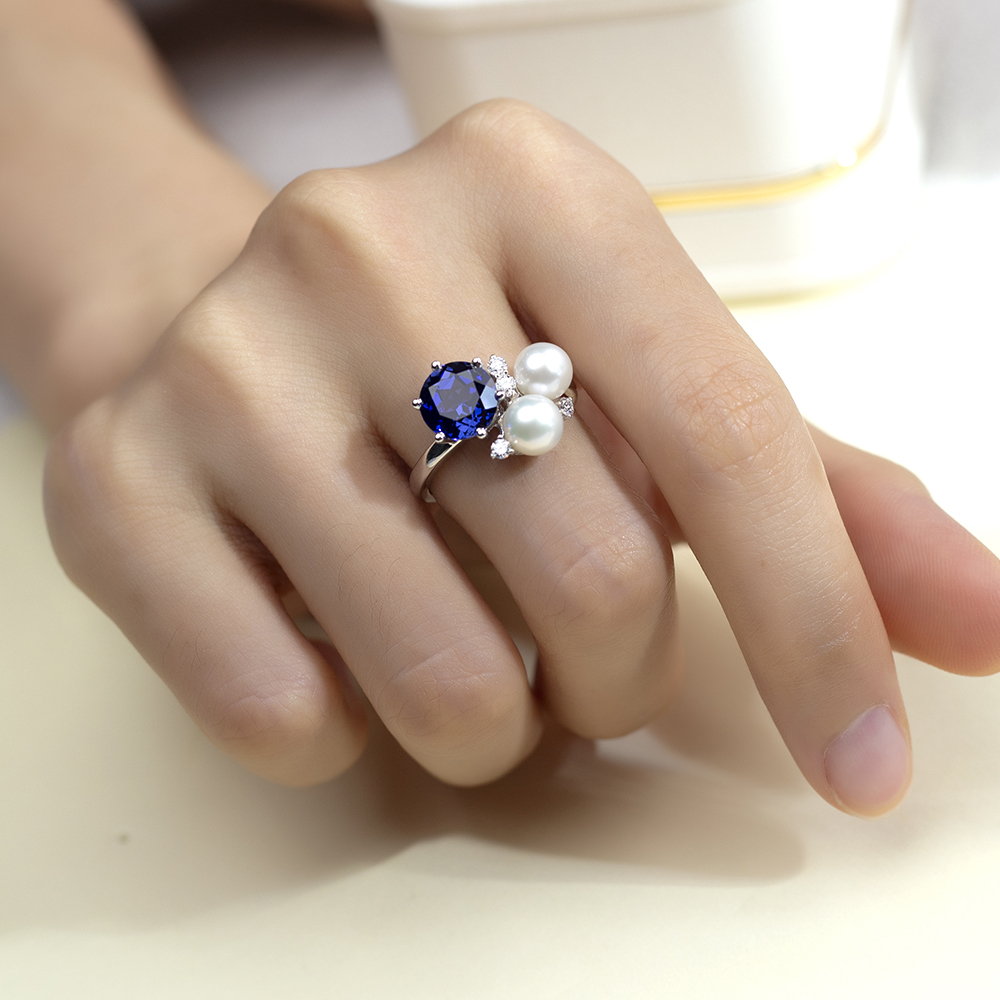 Round Cut Blue Lab Grown Sapphire 2.5CT Three stone 18K White Gold Ring MSR-1640