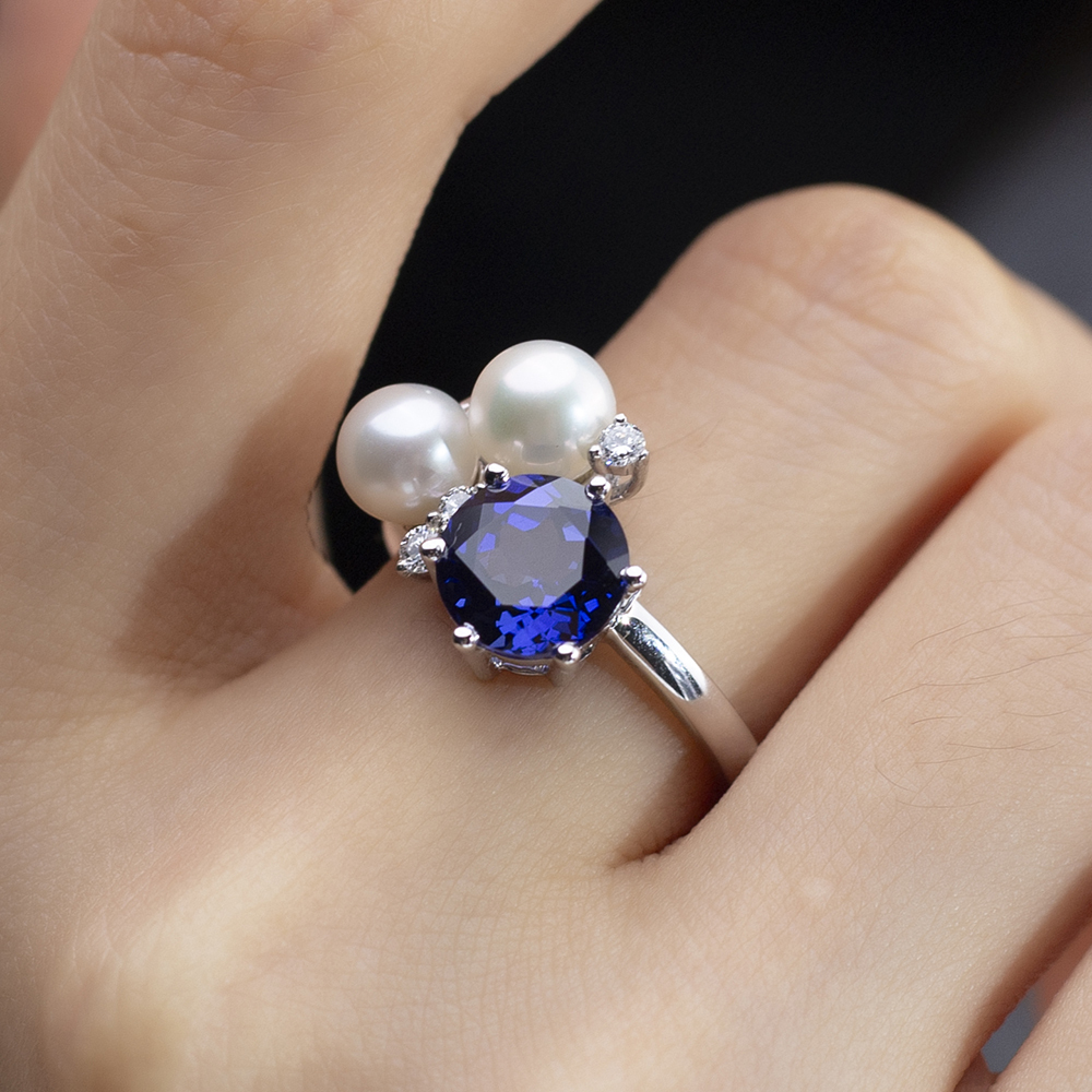 Round Cut Blue Lab Grown Sapphire 2.5CT Three stone 18K White Gold Ring MSR-1640