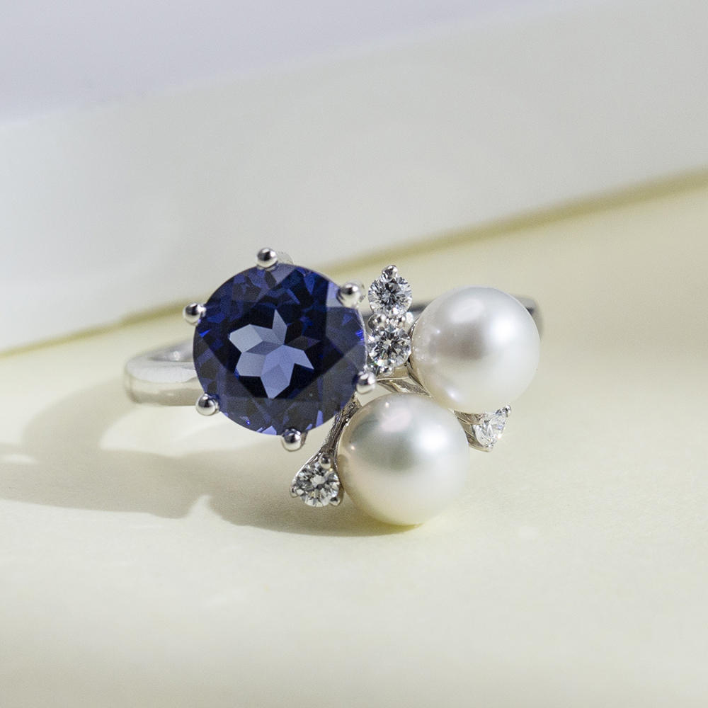 Round Cut Blue Lab Grown Sapphire 2.5CT Three stone 18K White Gold Ring MSR-1640