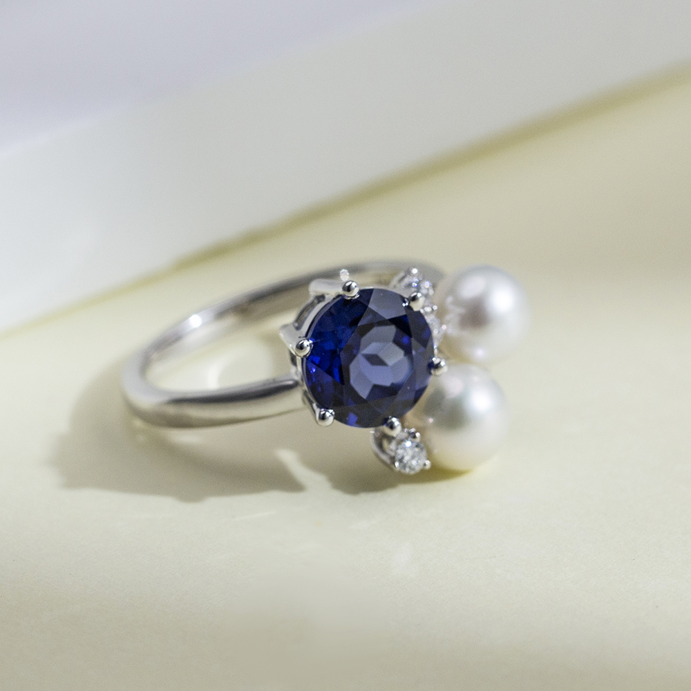 Round Cut Blue Lab Grown Sapphire 2.5CT Three stone 18K White Gold Ring MSR-1640