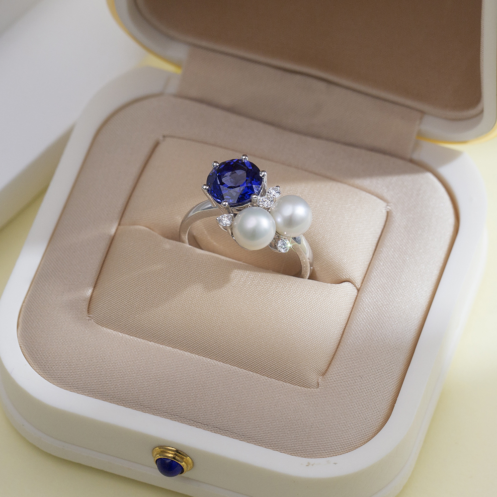 Round Cut Blue Lab Grown Sapphire 2.5CT Three stone 18K White Gold Ring MSR-1640