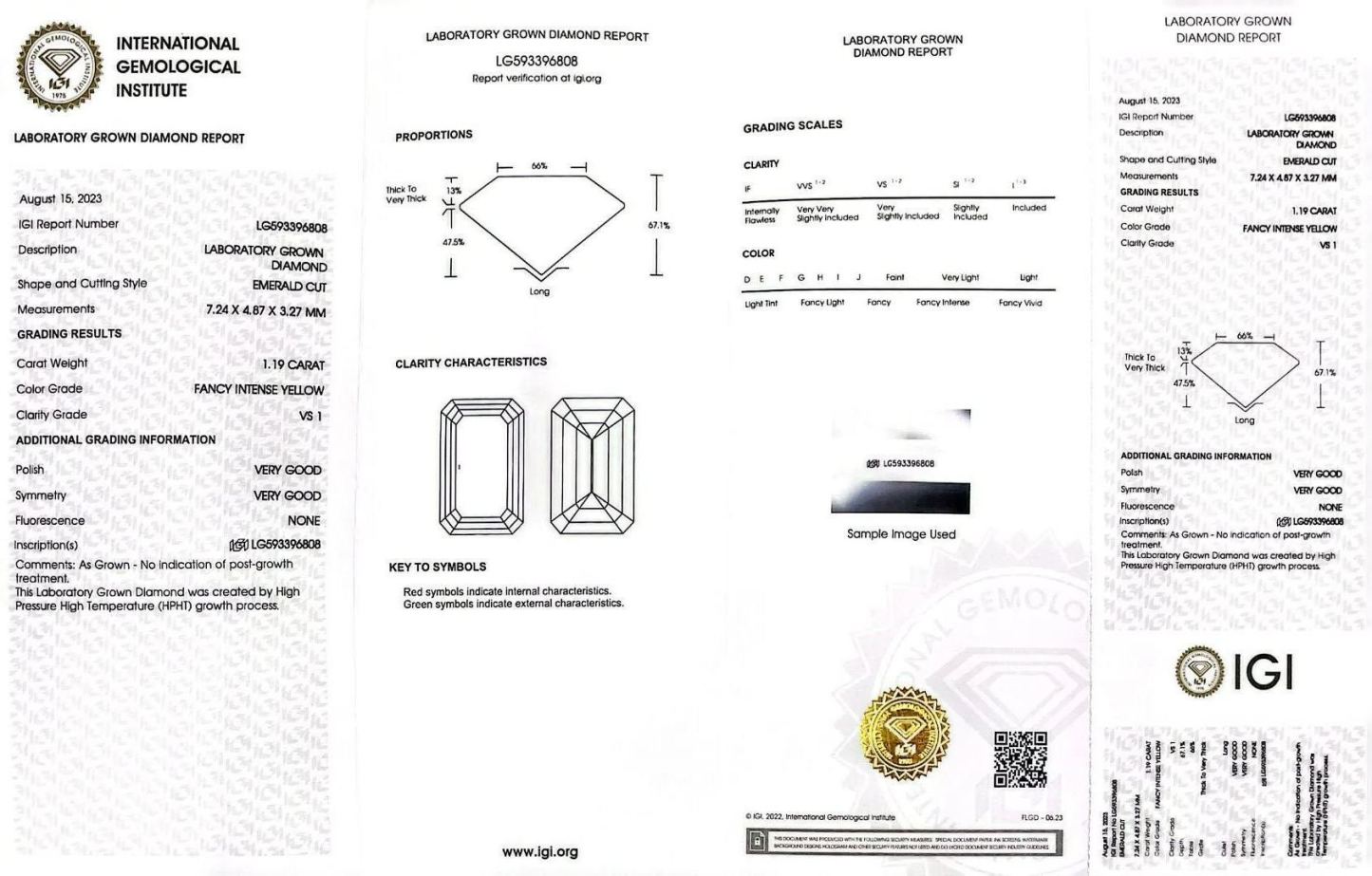 MissDiamond HPHT LG593396808 Emerald Shape 1.19CT Fancy Intense Yellow VS1 VG VG Lab Grown Diamond