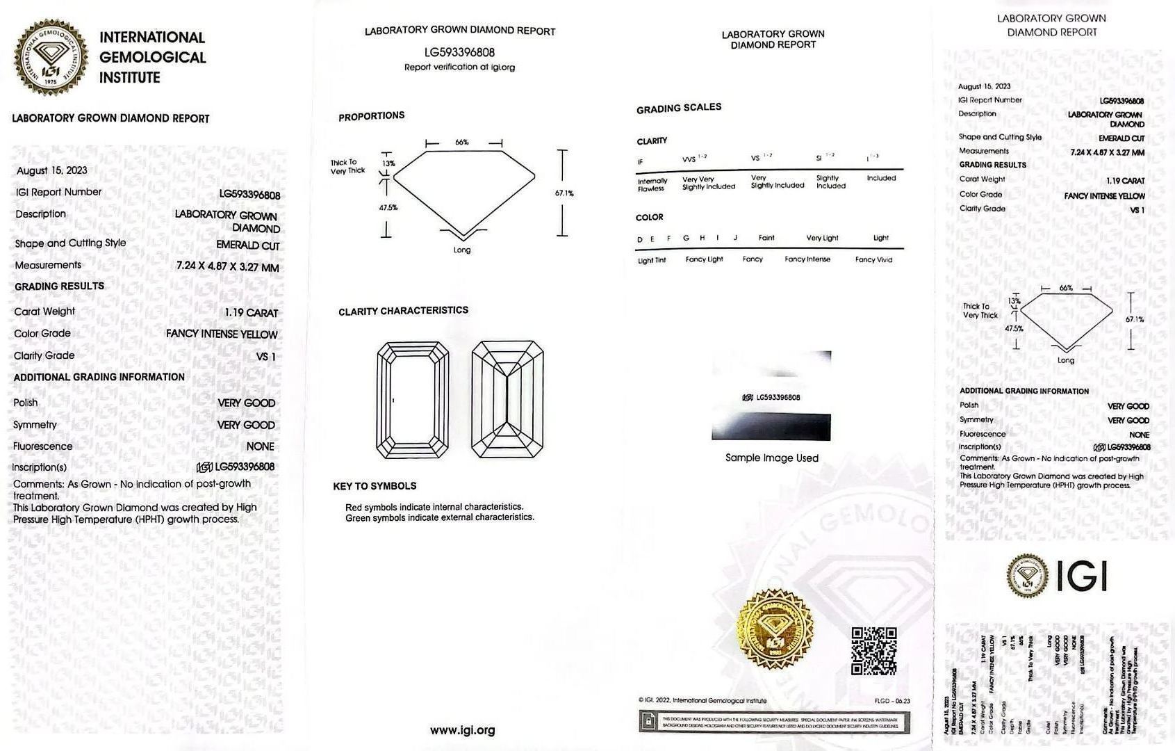 MissDiamond HPHT LG593396808 Emerald Shape 1.19CT Fancy Intense Yellow VS1 VG VG Lab Grown Diamond