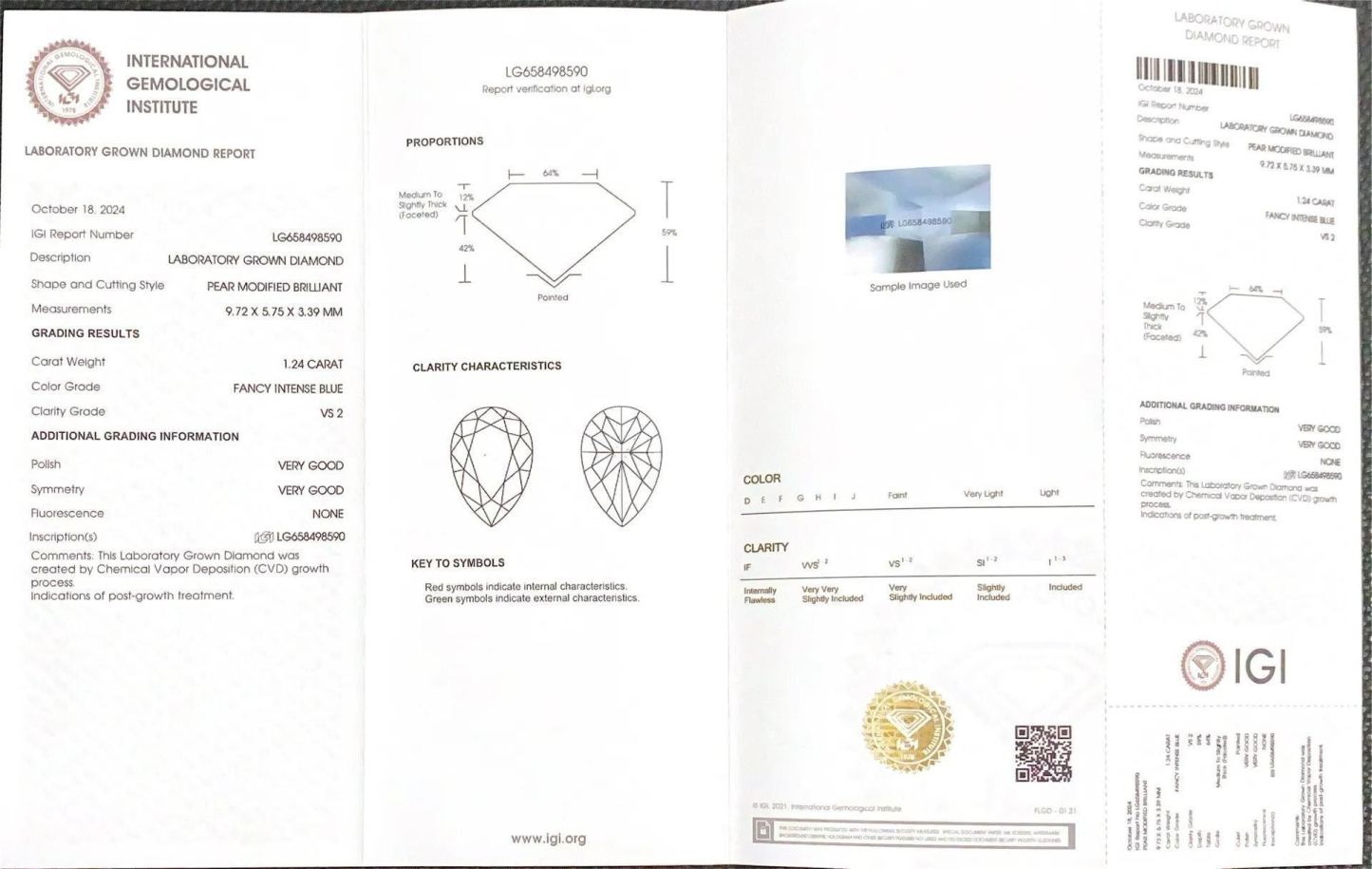 MissDiamond CVD LG658498590 Pear Shape 1.24CT Fancy Intense Blue VS2 VG VG Lab Grown Diamond