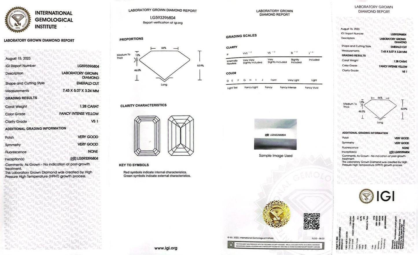 MissDiamond HPHT LG593396804 Emerald Shape 1.28CT Fancy Intense Yellow VS1 VG VG Lab Grown Diamond