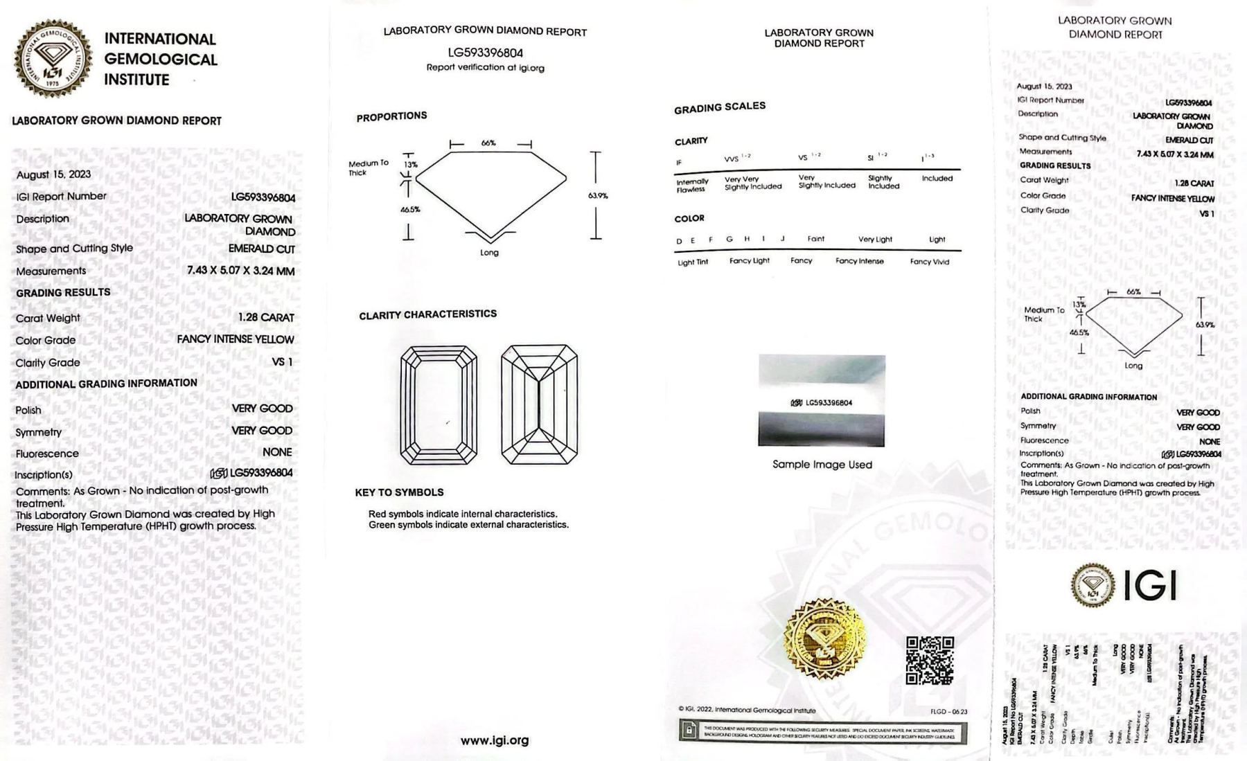 MissDiamond HPHT LG593396804 Emerald Shape 1.28CT Fancy Intense Yellow VS1 VG VG Lab Grown Diamond