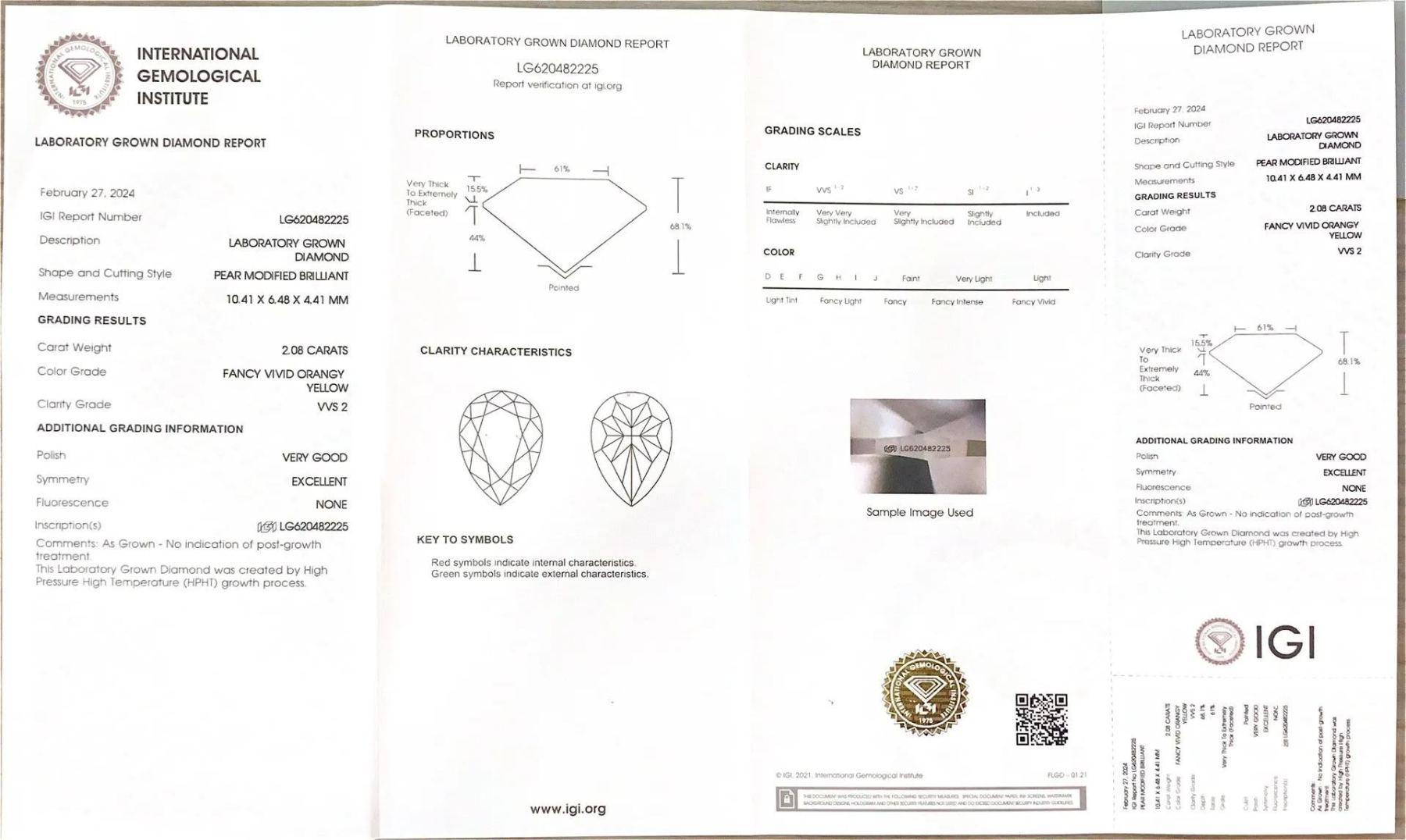 MissDiamond HPHT LG620482225 Pear Shape 2.08CT Fancy Vivid Orangy Yellow VVS2 VG EX Lab Grown Diamond