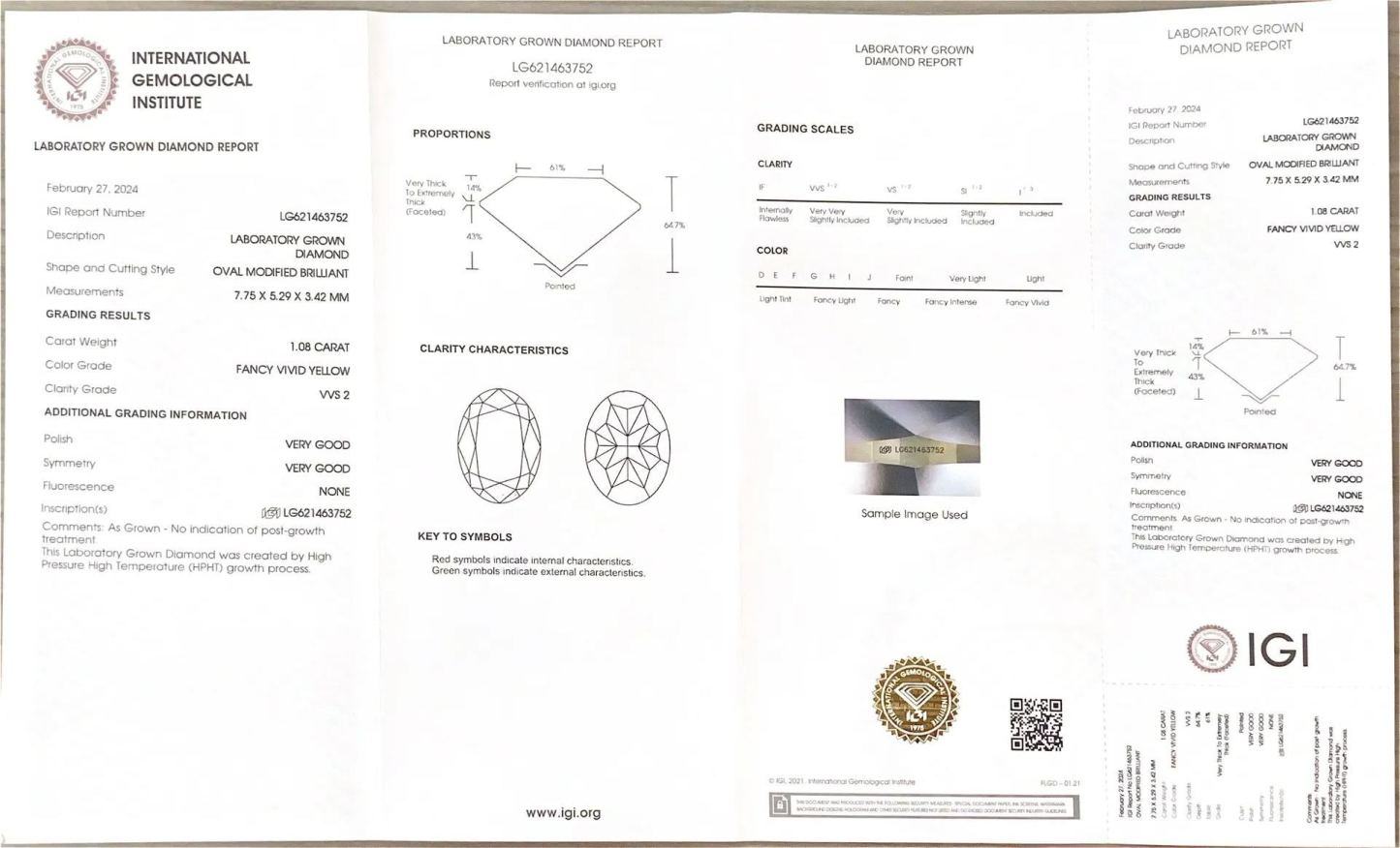 MissDiamond HPHT LG621463752 Oval Shape 1.08CT Fancy Vivid Yellow VVS2 VG VG Lab Grown Diamond