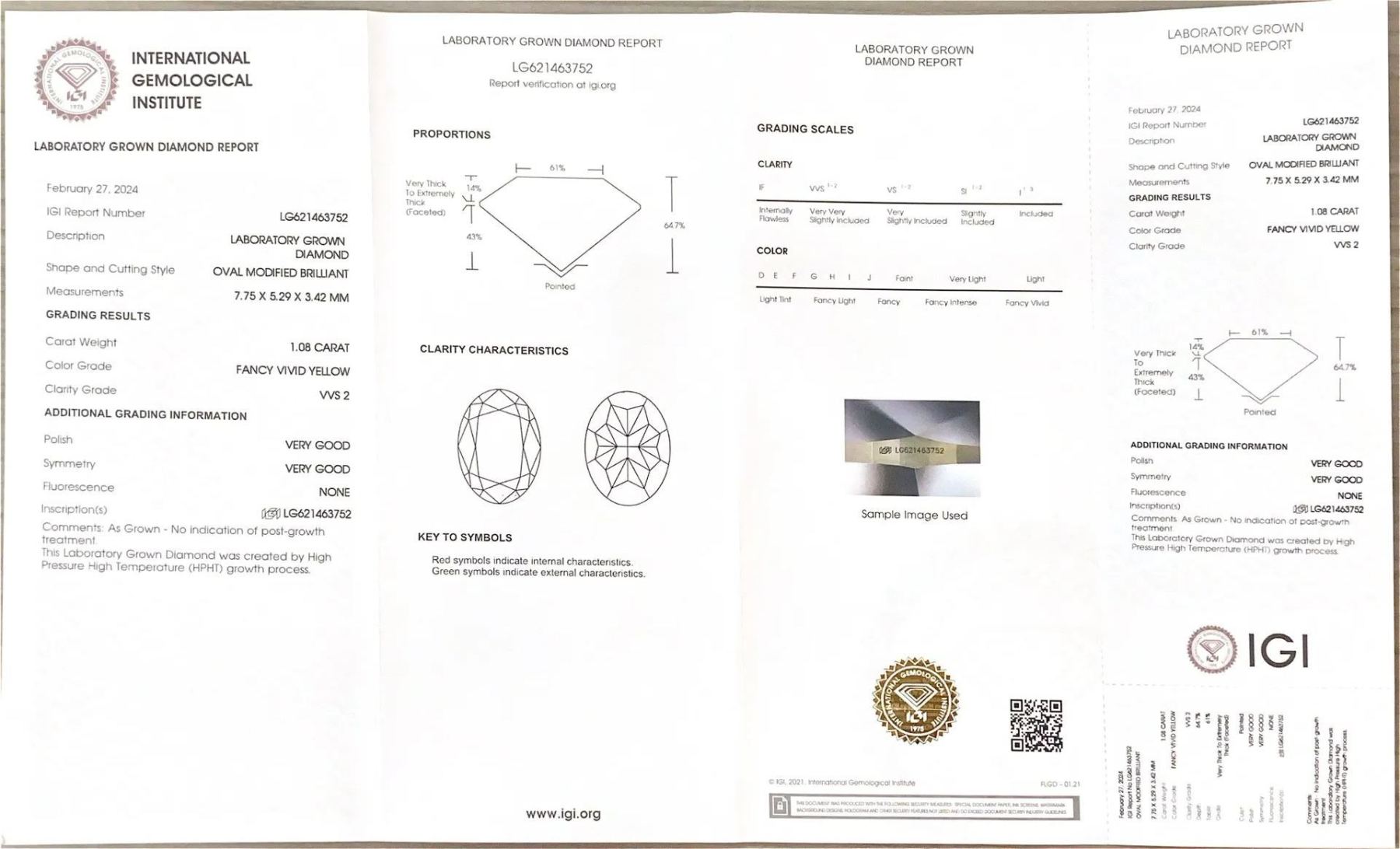 MissDiamond HPHT LG621463752 Oval Shape 1.08CT Fancy Vivid Yellow VVS2 VG VG Lab Grown Diamond