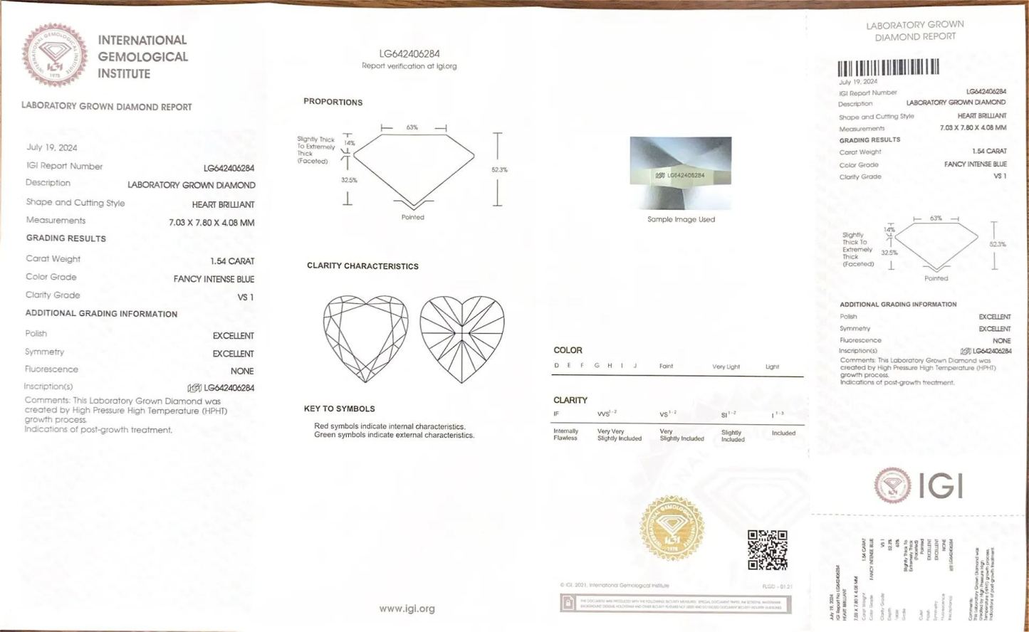 MissDiamond HPHT LG642406284 Heart Shape 1.54CT Fancy Intense Blue VS1 EX EX Lab Grown Diamond