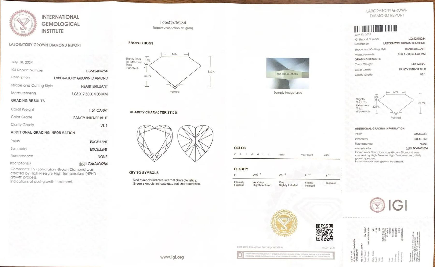 MissDiamond HPHT LG642406284 Heart Shape 1.54CT Fancy Intense Blue VS1 EX EX Lab Grown Diamond