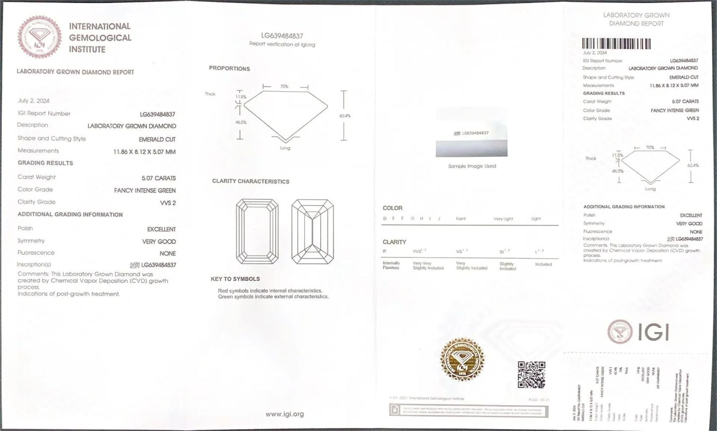 MissDiamond CVD LG639484837 Emerald Shape 5.07CT Fancy Intense Green VVS2 EX VG Lab Grown Diamond