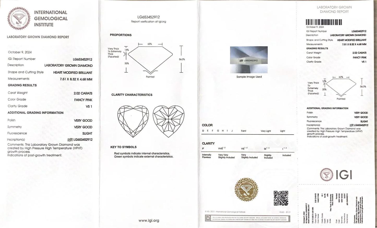 MissDiamond HPHT LG653452912 Heart Shape 2.02CT Fancy Pink VS1 VG VG Lab Grown Diamond