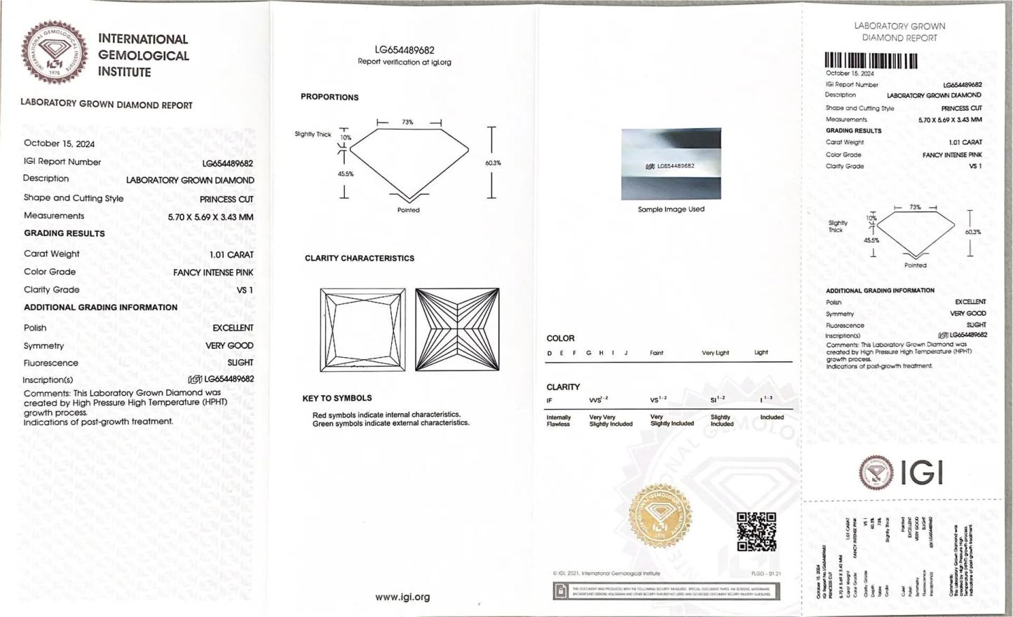 MissDiamond HPHT LG654489682 Princess Square Shape 1.01CT Fancy Intense Pink VS1 EX VG Lab Grown Diamond