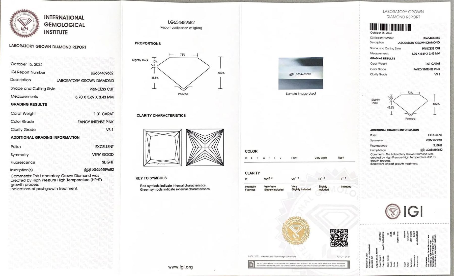 MissDiamond HPHT LG654489682 Princess Square Shape 1.01CT Fancy Intense Pink VS1 EX VG Lab Grown Diamond