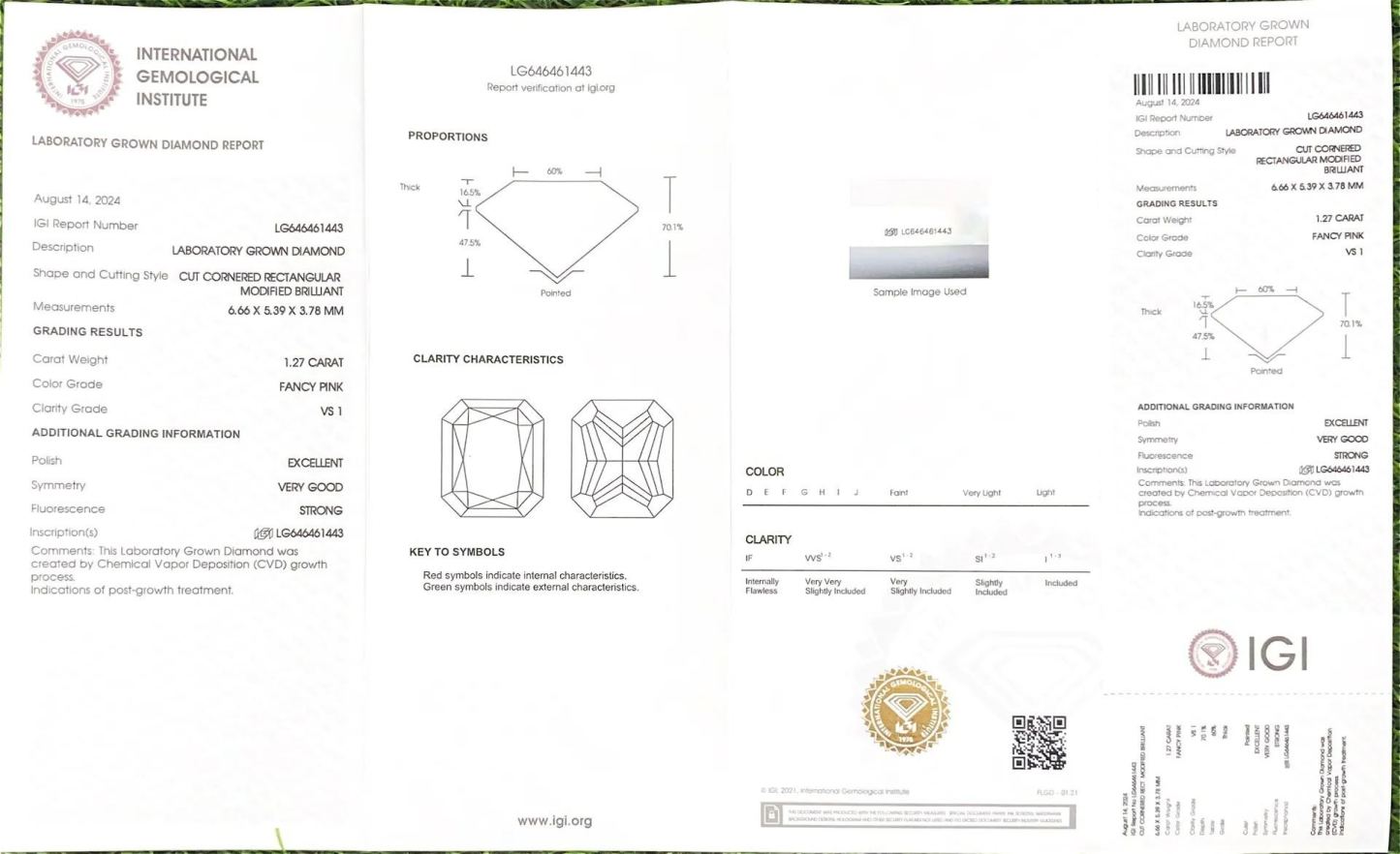 MissDiamond HPHT LG646461443 Radiant Shape 1.27CT Fancy Pink VS1 EX VG Lab Grown Diamond