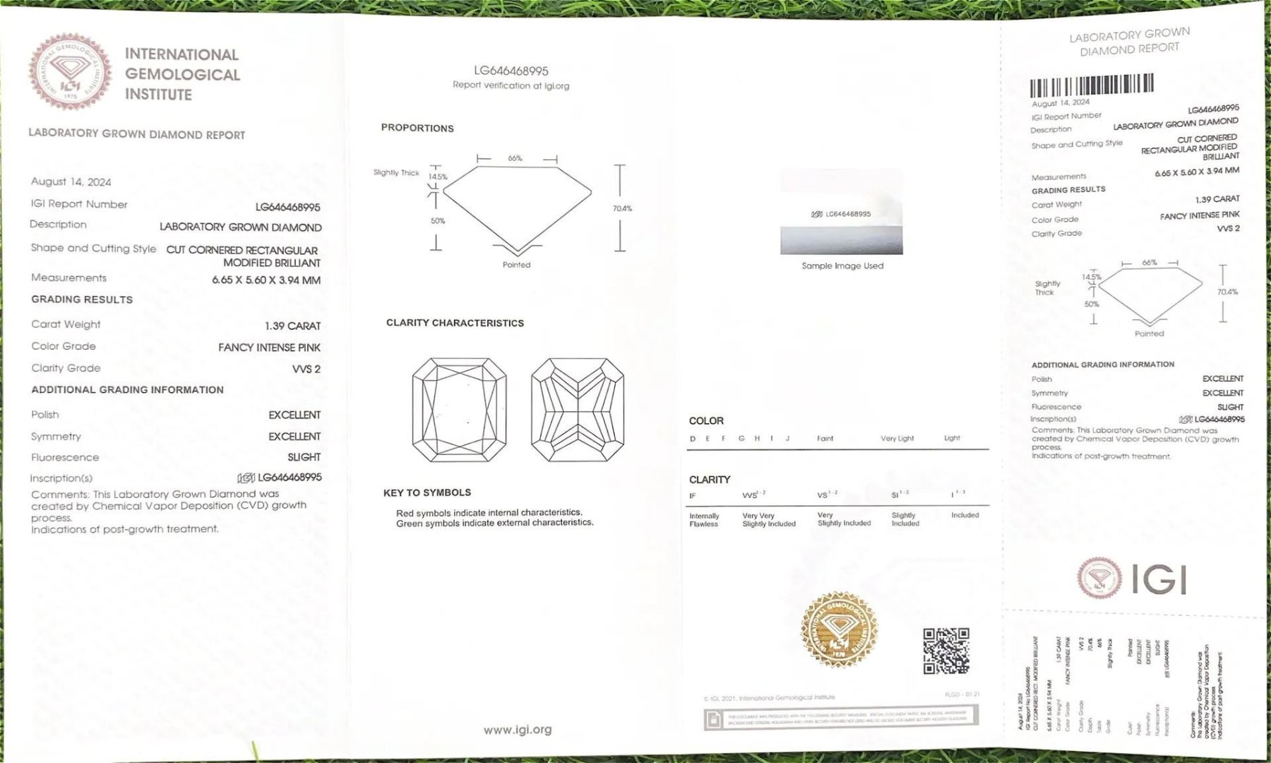 MissDiamond HPHT LG646468995 Radiant Shape 1.39CT Fancy Intense Pink VVS2 EX EX Lab Grown Diamond