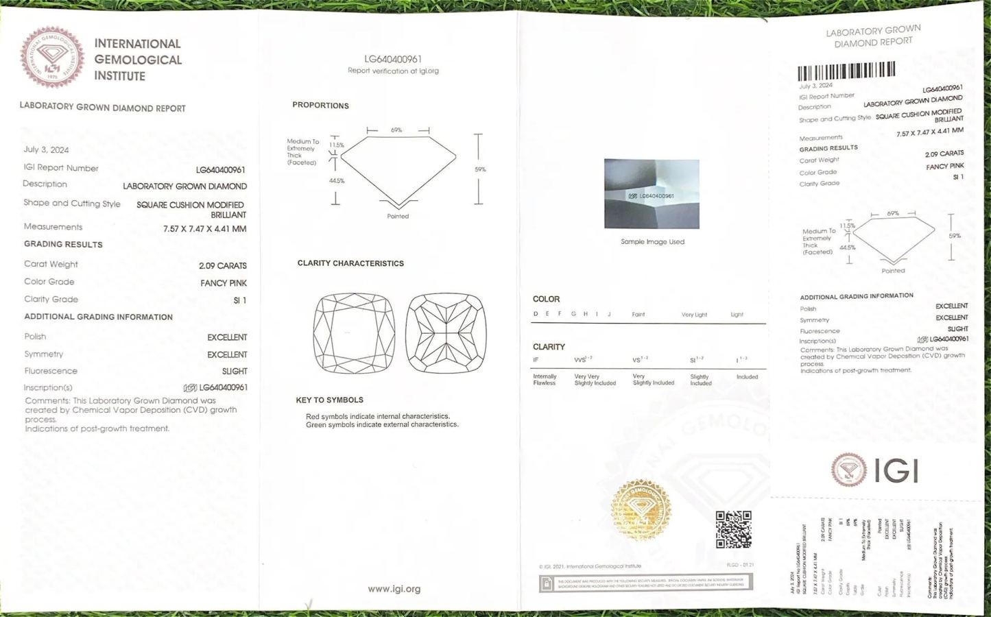 MissDiamond CVD LG640400961 Cushion Shape 2.09CT Fancy Pink SI1 EX EX Lab Grown Diamond